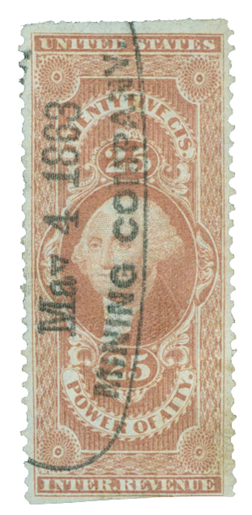 R48b - 1862-71 25c U.S. Internal Revenue Stamp, Power of Attorney, Part Perf., red