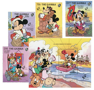MDS281 - 1992 Disney Commemorates 500th Anniversary of Columbus' Voyage, Mint, Set of 4 Stamps and Souvenir Sheet, Gambia