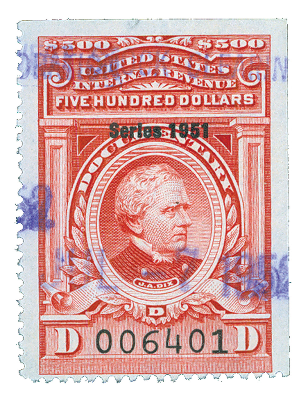 R584 - 1951 $500 U.S. Internal Revenue Stamp, Carmine, No Gum