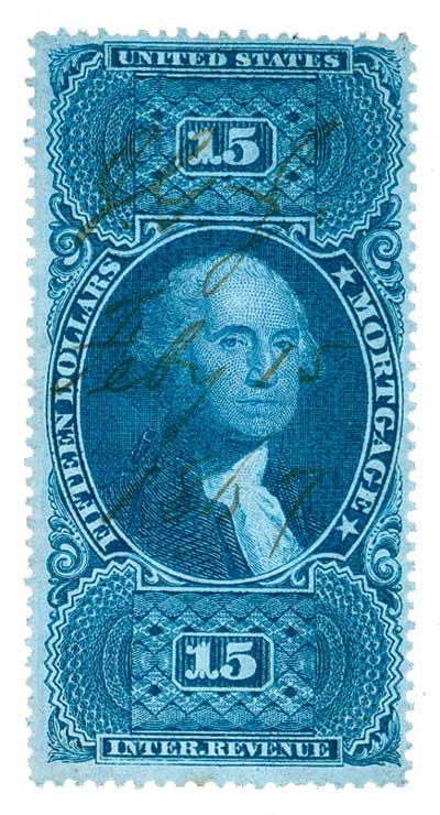 R97 - 1862-71 $15 U.S. Internal Revenue Stamp, Mortgage, Blue, Perf. 12