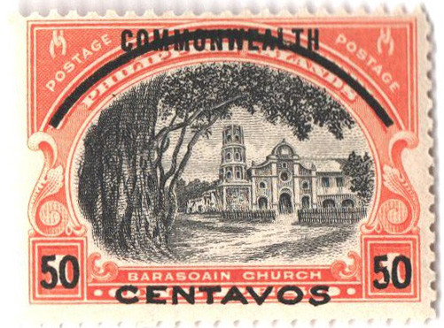 PHN6 - 1943 50c on 1p Philippines Occupation Stamp, Barasoain Church, Red Orange & Black