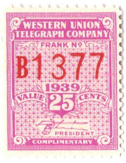 16T96 - 1939 25c Western Union Telegraph Company, Bright Violet, R. B. White Signature