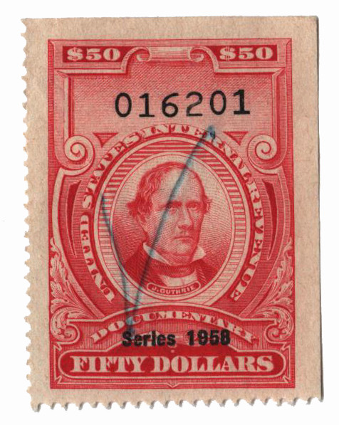 R716 - 1958 $50 U.S. Internal Revenue Stamp, Carmine, No Gum