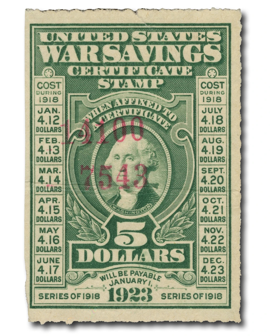 WS3 - 1917 $5 War Savings , Deep Green, Rouletted 7