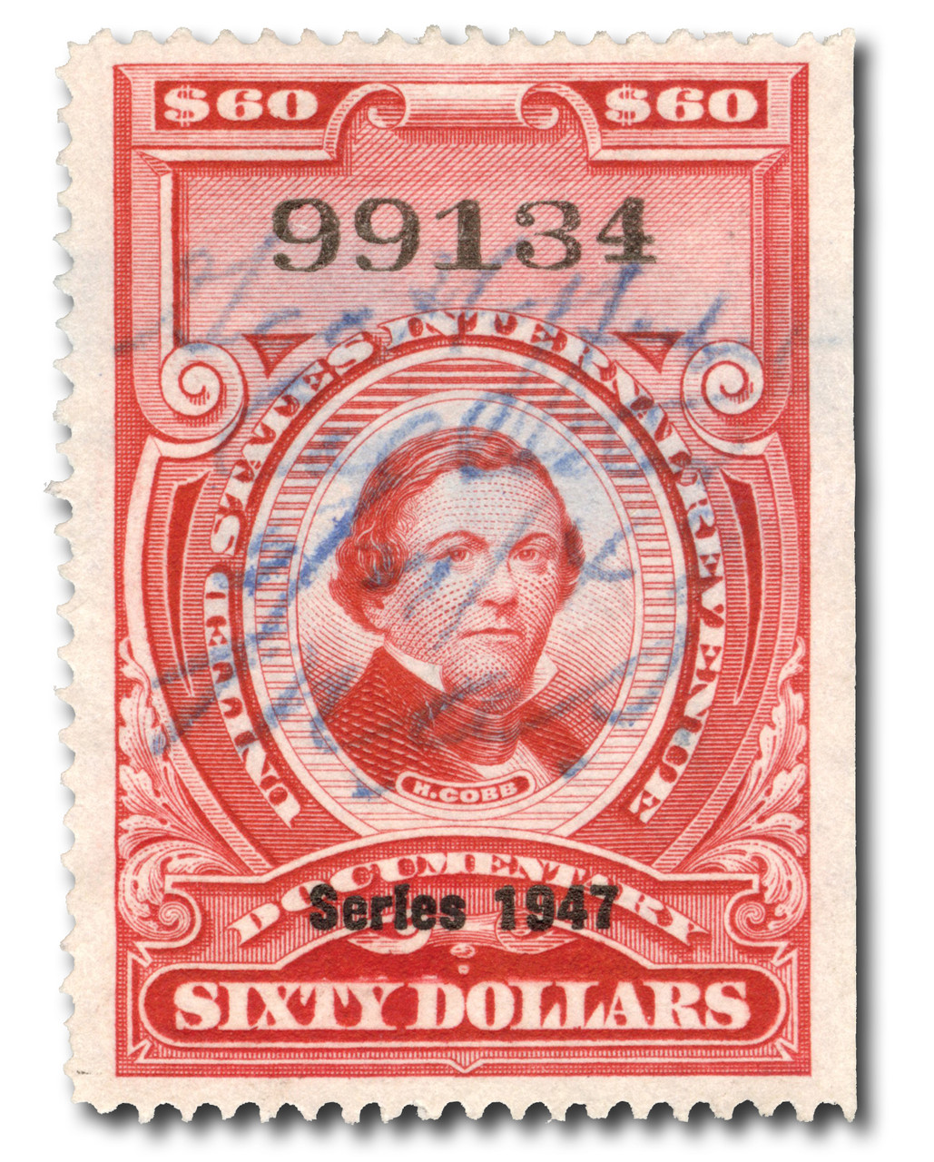 R482 - 1947 $60 U.S. Internal Revenue Stamp, Carmine, No Gum