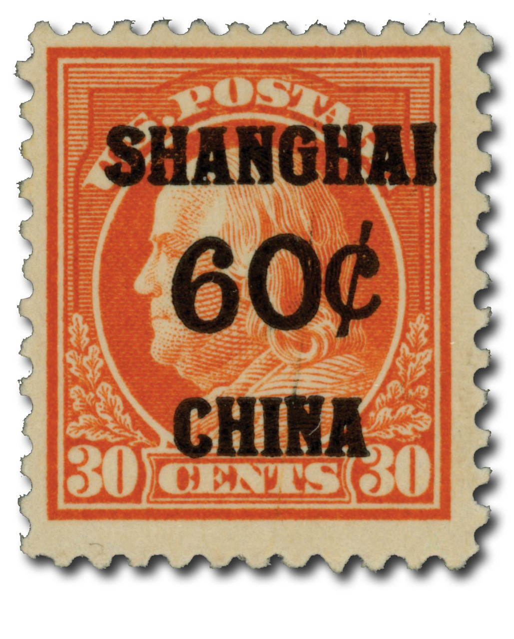 K14 - 1919 60c on 30c Franklin, Orange Red, Shanghai Overprint