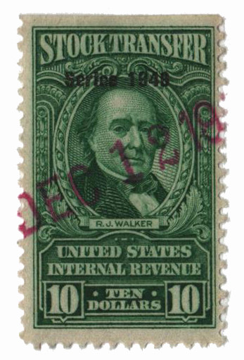 RD276 - 1948 $10 Stock Transfer Stamp, Bright Green