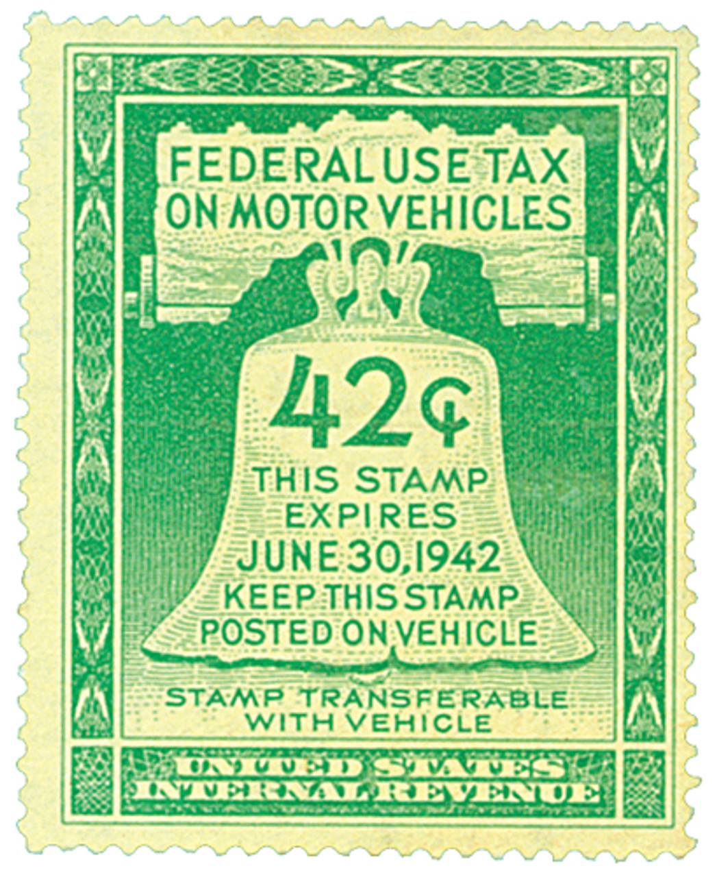 RV5 - 1942 42c Motor Vehicle Use Tax, light green (gum on face, inscription on back)