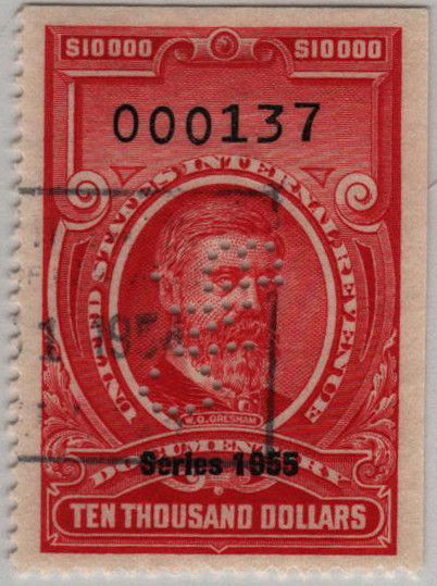 R723 - 1958 $10,000 U.S. Internal Revenue Stamp, Carmine, No Gum