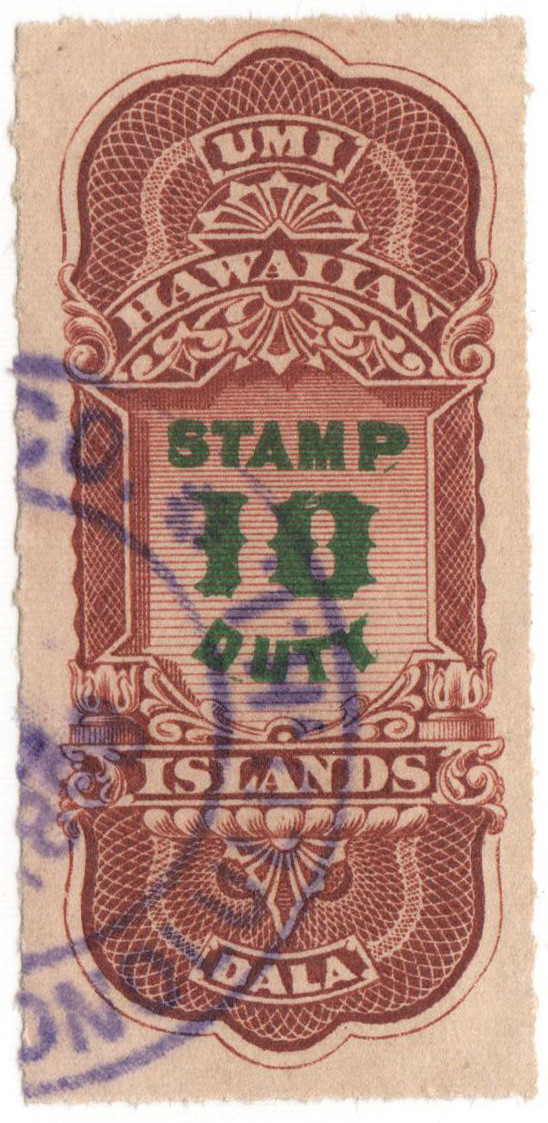 HR5 - 1877 $10 Hawaii Revenue, Reddish Brown & Green, Denomination Typo.