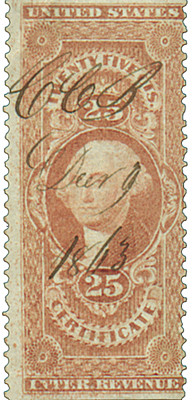 R44b - 1862-71 25c U.S. Internal Revenue Stamp, Certificate, Red, Part Perf.