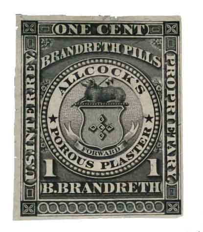 RS34b - 1871-77 1c B. Brandreth, Black, Silk Paper, 41x50mm, Imperf.