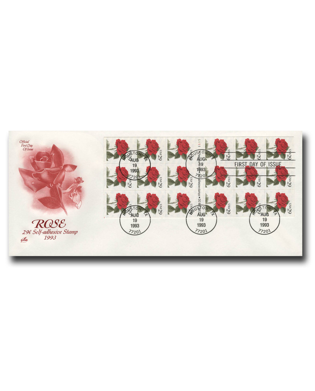 2490a - 1993 29c Flora & Fauna Series: Red Rose, Booklet pane of 18 Stamps