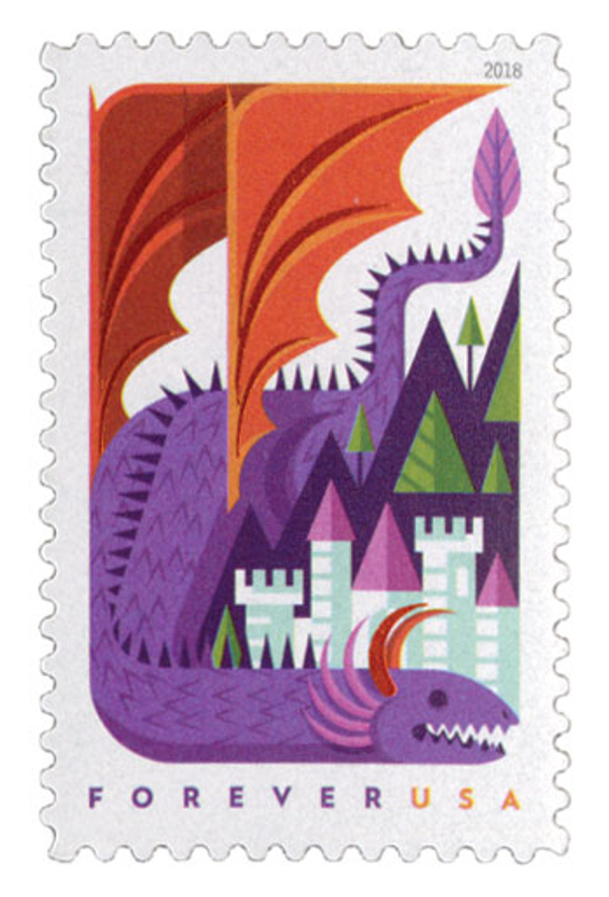 5308 - 2018 First-Class Forever Stamp - Dragons: Purple Dragon with Orange Wings