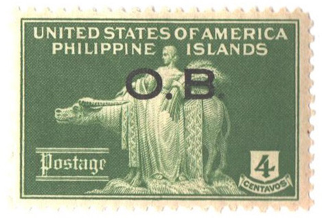 PHO16 - 1935 4c Philippine Islands Official Stamp, Woman & Carabao, Yellow Green, Unwatermarked, Perf. 11, Black Overprint