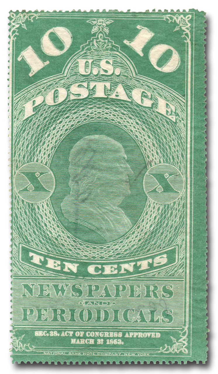 PR2b - 1865 10c Newspaper & Periodical Stamp, Blue Green, Pelure Paper, No Gum