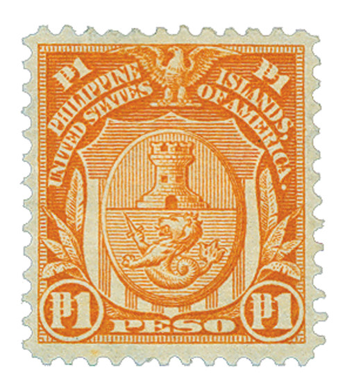 PH251 - 1906 1p Arms of City of Manila, Orange, Philippines Regular Issue, Double Line Watermark, Perf. 12