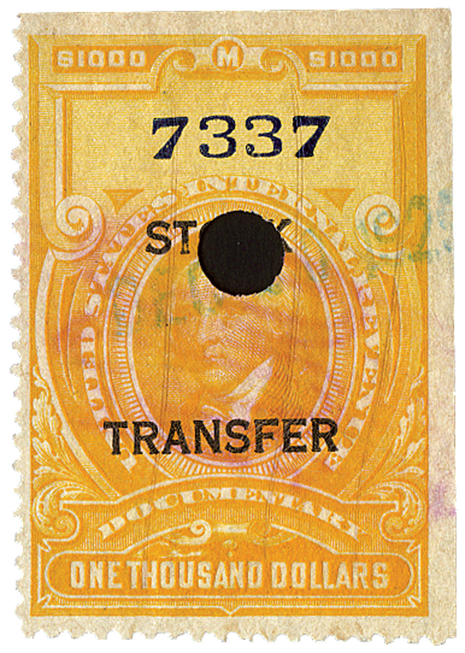 RD24 - 1918 $1000 Stock Transfer Stamp, Orange, No Gum, Black Horizontal Overprint