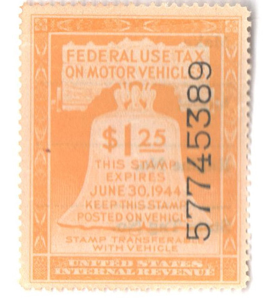 RV27 - 1944 $2.25 Motor Vehicle Use Tax, yellow (gum & control no. on face, inscription on back)