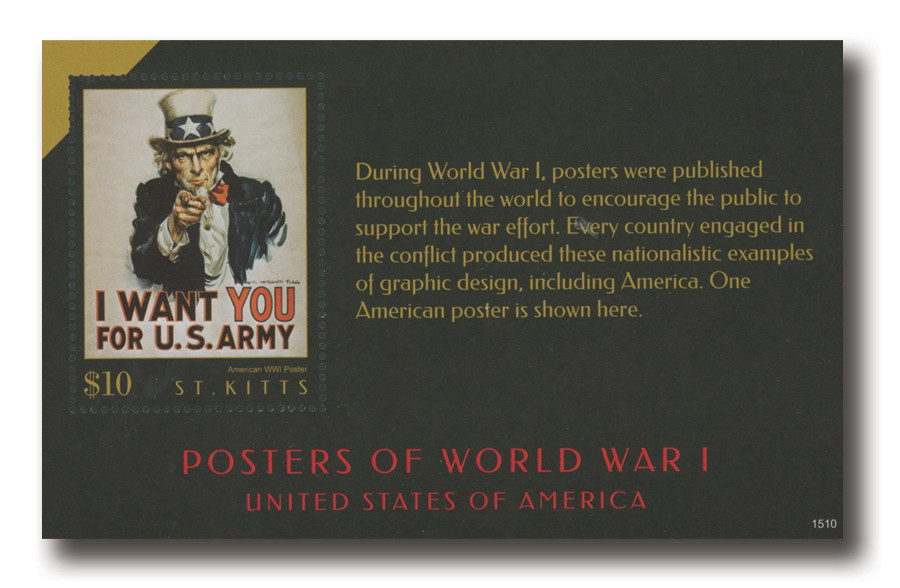 MFN441 - 2015 $10 Posters of World War I: I WANT YOU FOR THE U.S. ARMY, Mint Souvenir Sheet, St Kitts