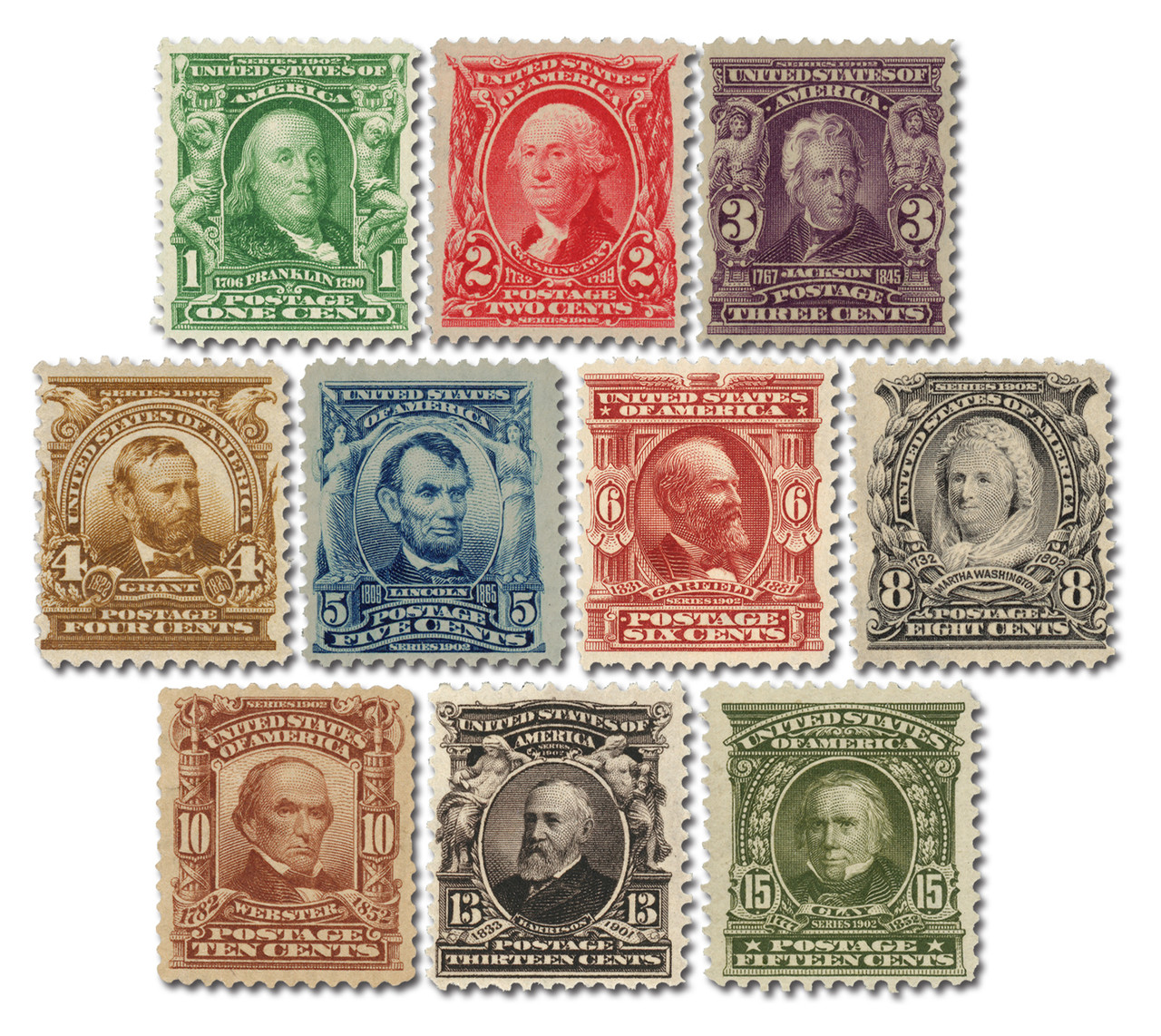 300-09 - 1902-03 Regular Issues, Double Line Watermark, Perf. 12, Set of 10 Stamps