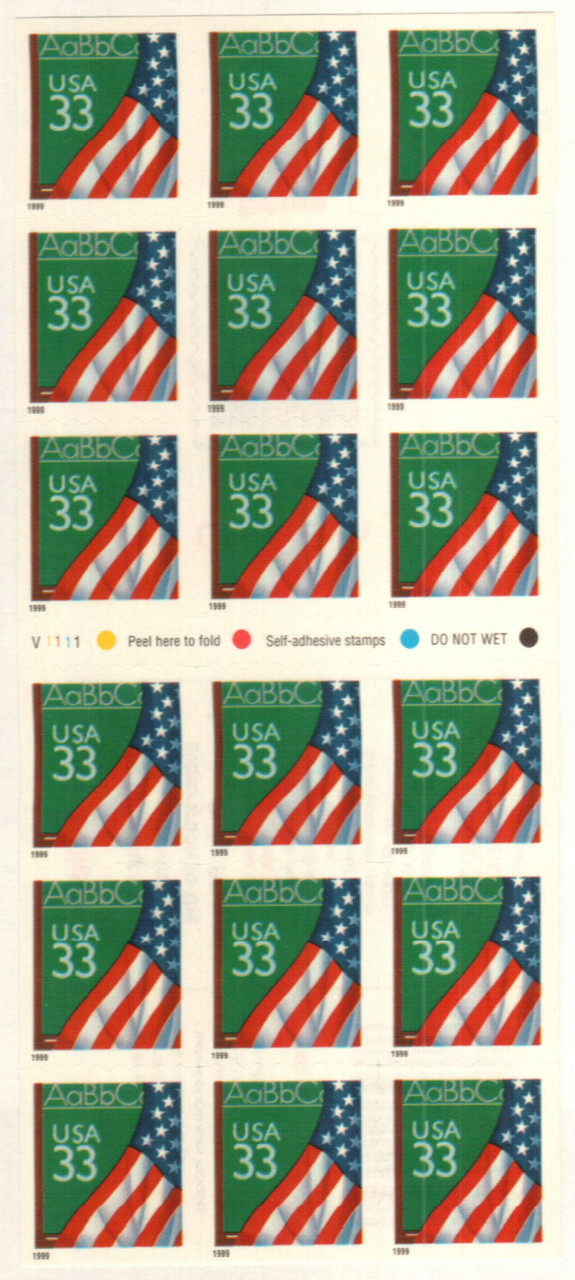 3283a - 1999 33c Flag & Chalkboard, Booklet pane of 18 Stamps