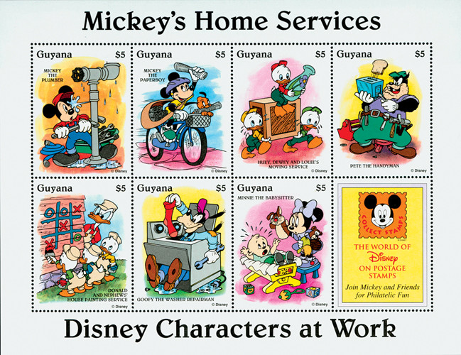 MDS152 - 1995 Disney's Characters At Work - Mickey's Home Services, Mint Sheet of 7 Stamps & Label, Guyana