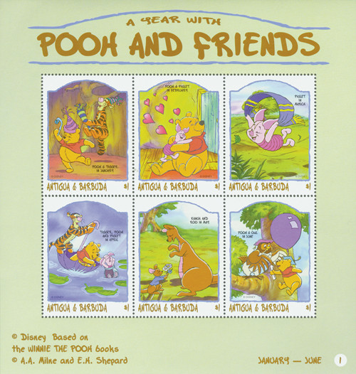 MDS239A - 1998 Disney's Winnie the Pooh-A Year With Friends, Mint Sheet of 6 Stamps, Antigua-Barbuda