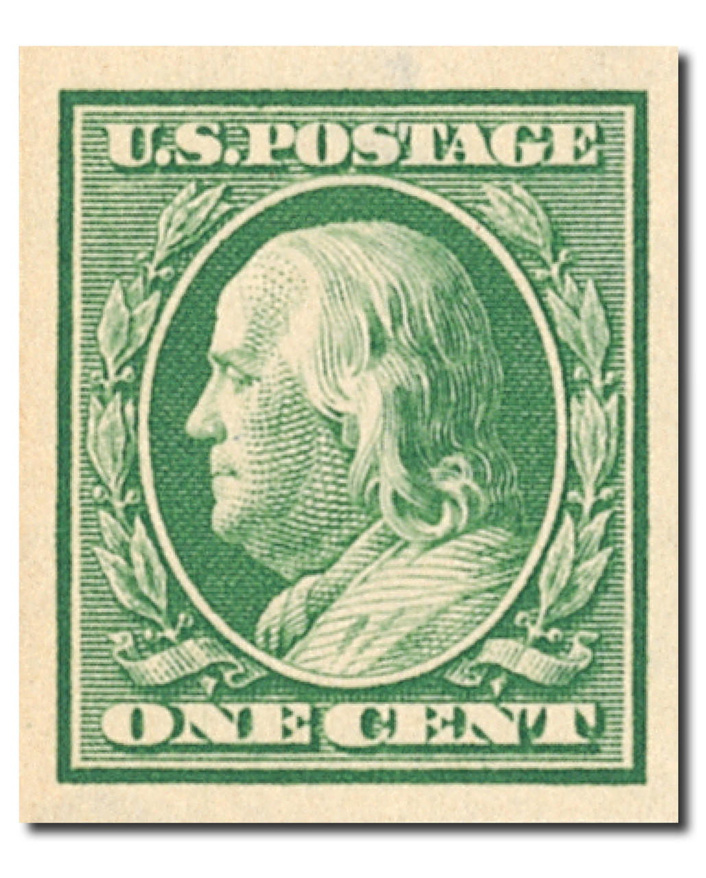 343 - 1908 1c Franklin, Green, Double Line Watermark, Imperf