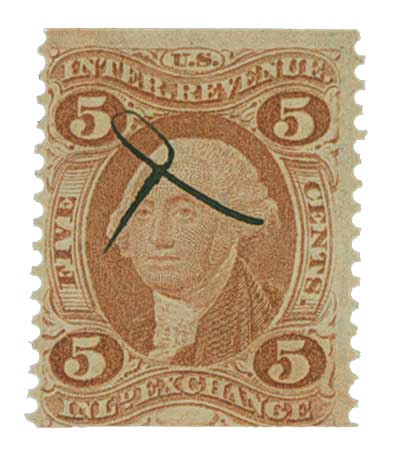R27b - 1862-71 5c U.S. Internal Revenue Stamp, Inland Exchange, Red, Part Perf.