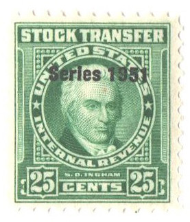 RD345 - 1951 25c Stock Transfer Stamp, Bright Green
