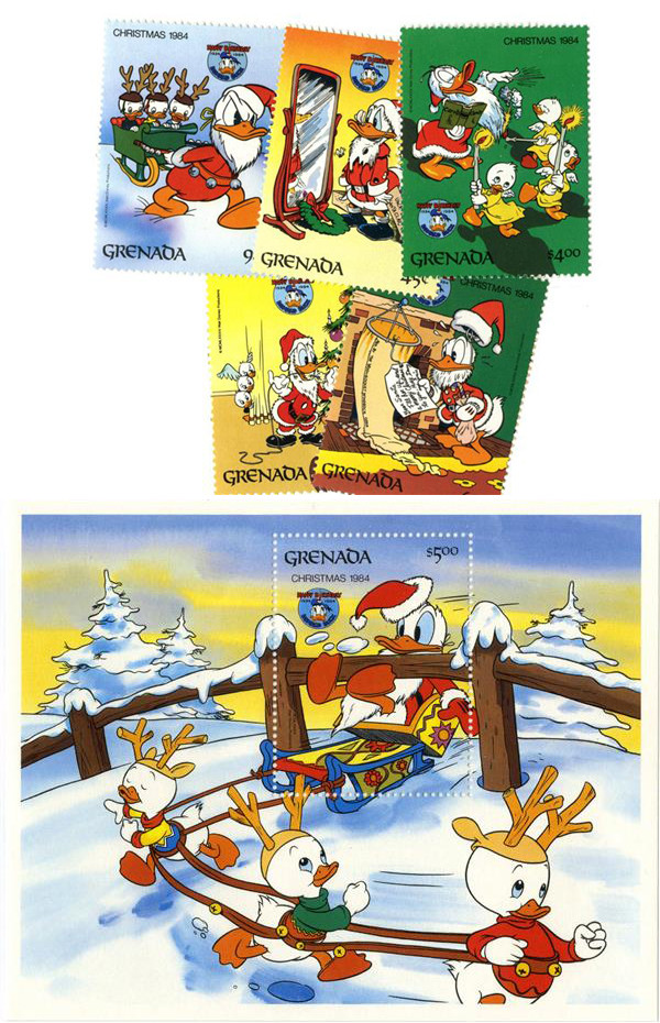 MDS307 - 1984 Disney Celebrates Christmas - Donald Duck Movies, Mint, Set of 5 Stamps and Souvenir Sheet, Grenada