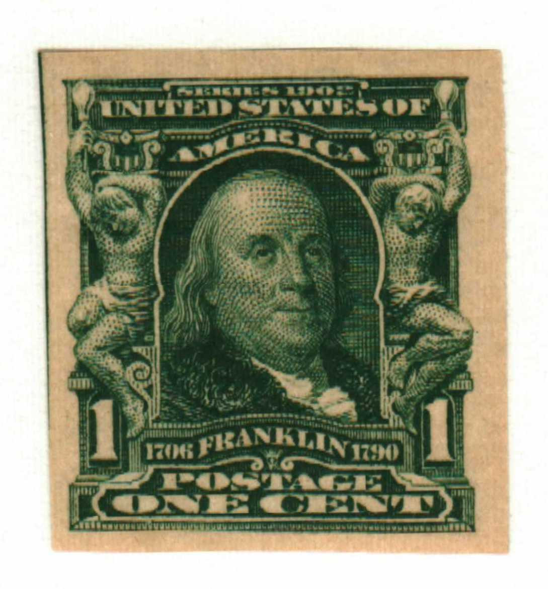 314 offer - 1906 1c Franklin, Blue Green, Double Line Watermark, Imperf.