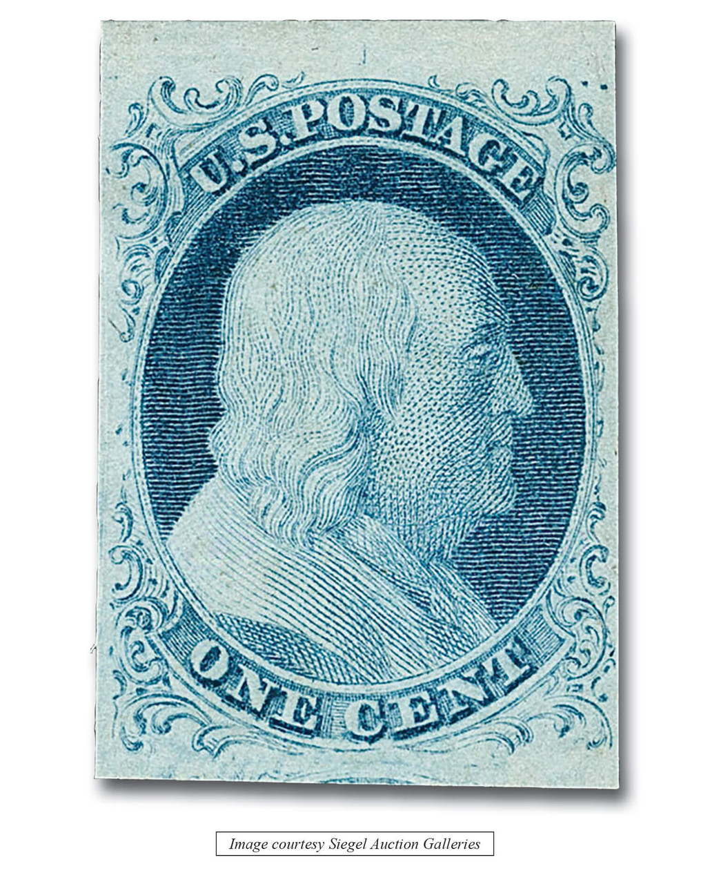 5A - 1851 1c Franklin, Blue, Type Ib, Imperf. - Mystic Stamp Company