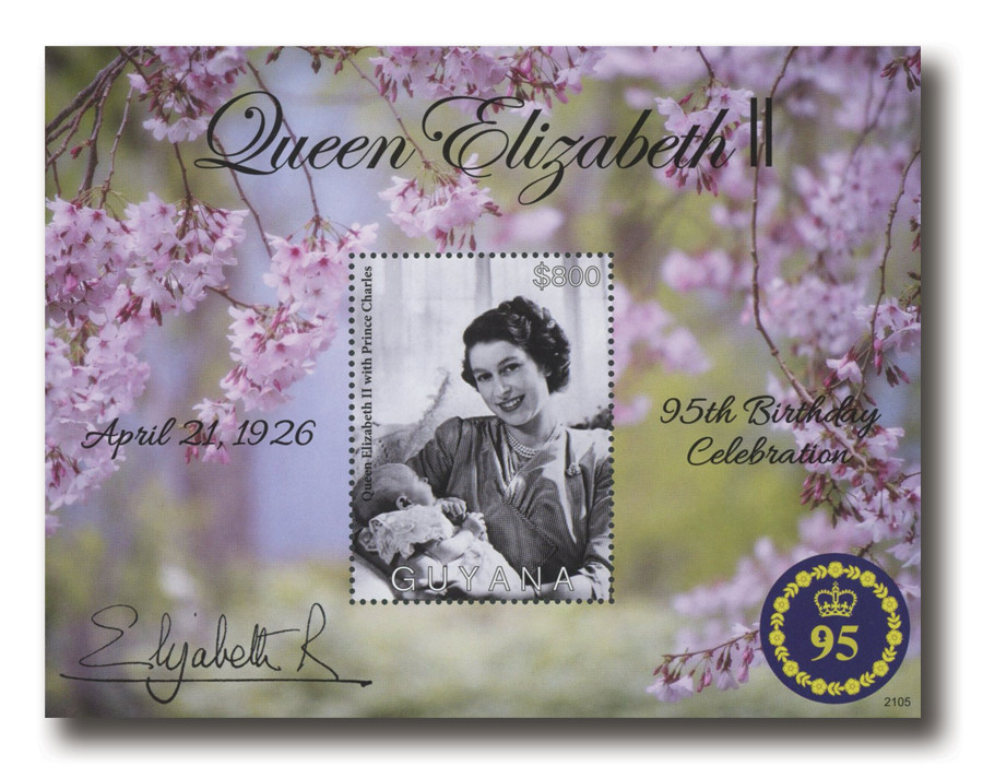 MFN237 - 2021 $800 Queen Elizabeth II 95th Birthday Celebration, Mint Souvenir Sheet, Guyana