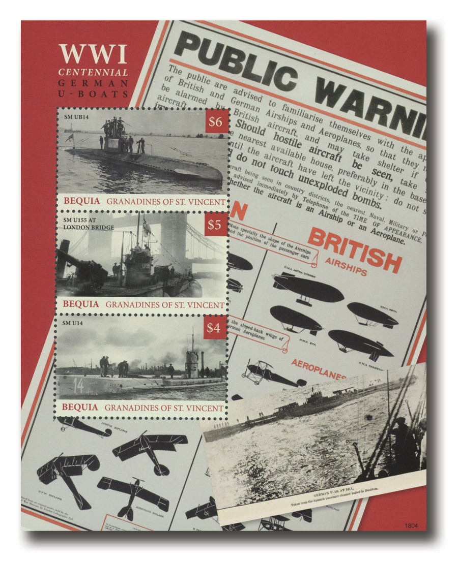 MFN416 - 2018 $4-$6 WWI Centennial-German U-Boats, Mint Sheet of 3 Stamps, Bequia