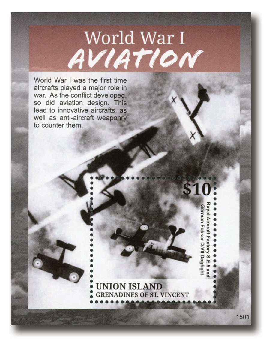 MFN486 - 2015 $10 World War I Aviation, RAF S.E.5 & German FokkerD.VII Dogfight, Mint Souvenier Sheet, Union Island