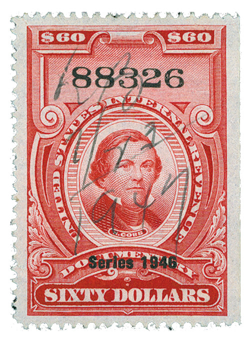 R457 - 1946 $60 U.S. Internal Revenue Stamp, Carmine, No Gum