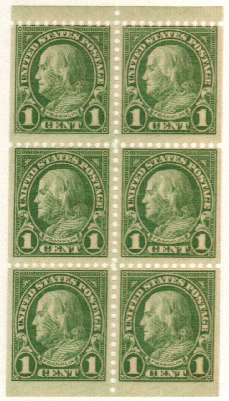 632a - 1927 1c Franklin, Green, Booklet Pane of 6, Perf. 11x10.5