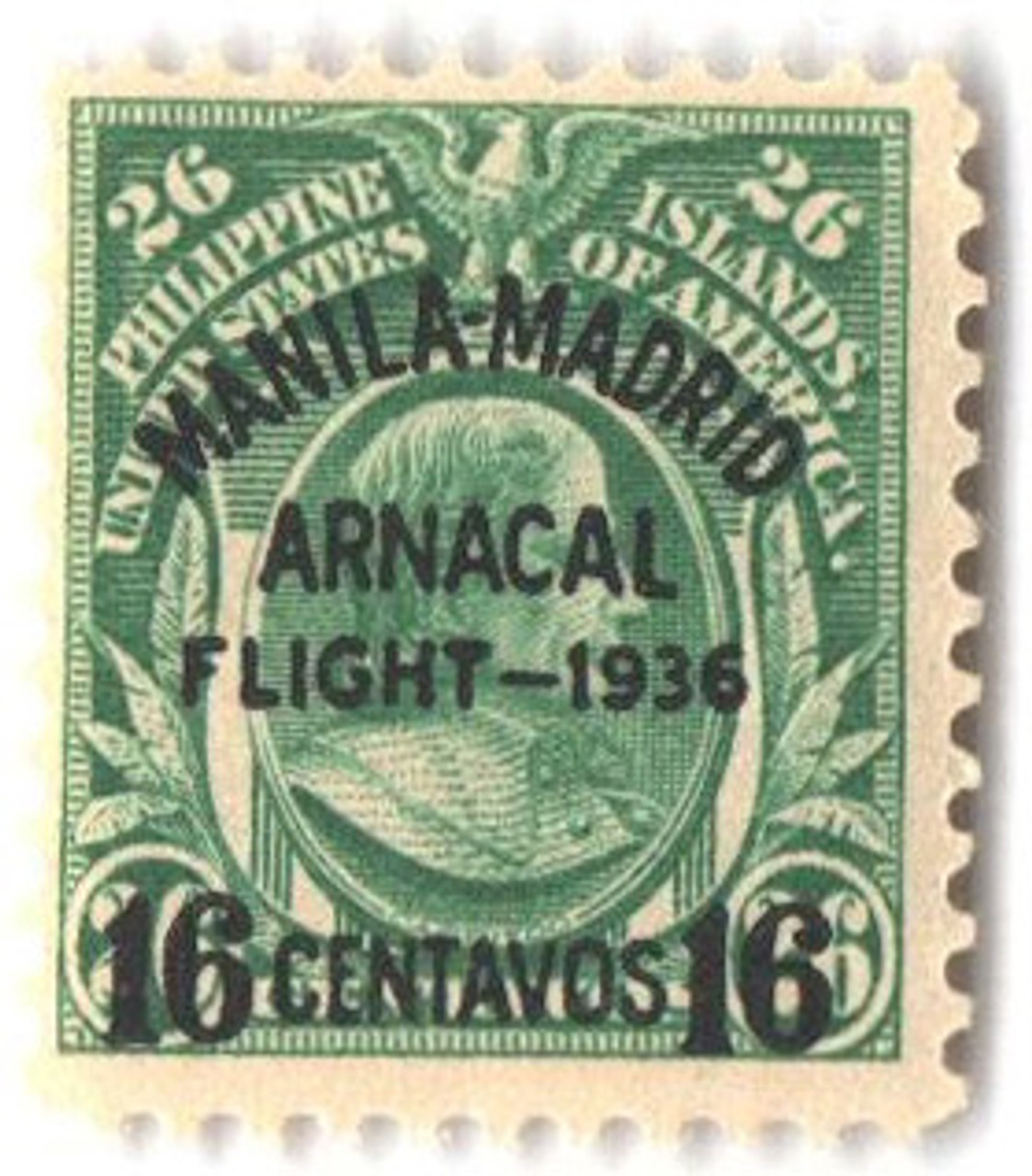 PHC56a - 1936 16c on 26c Philippine Islands Airmail, Francisco Carriedo, Green, Manila-Madrid Arnacal Fight Overprint in Black
