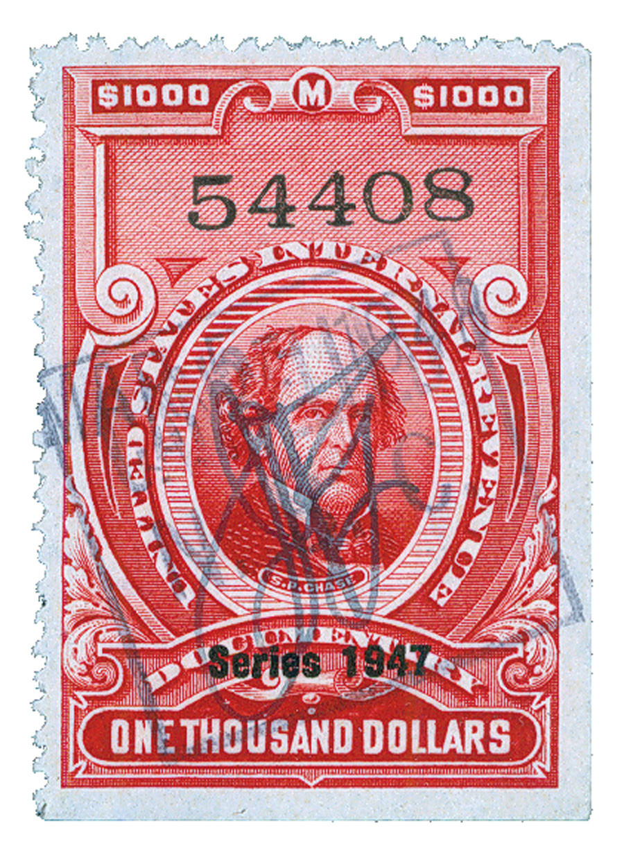 R485 - 1947 $1000 U.S. Internal Revenue Stamp, Carmine, No Gum