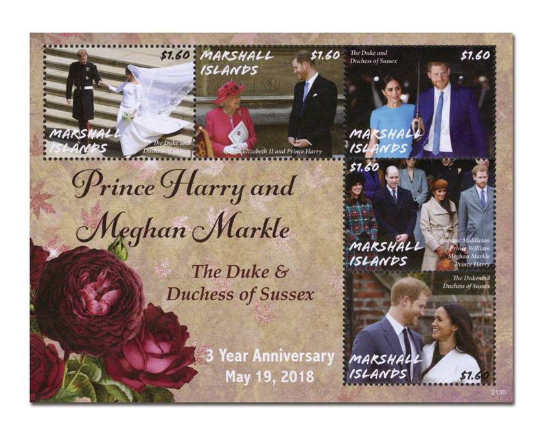 MFN231 - 2021 $1.60 Three Year Anniversary Prince Harry & Meghan, Mint Sheet of 5, Marshall Islands