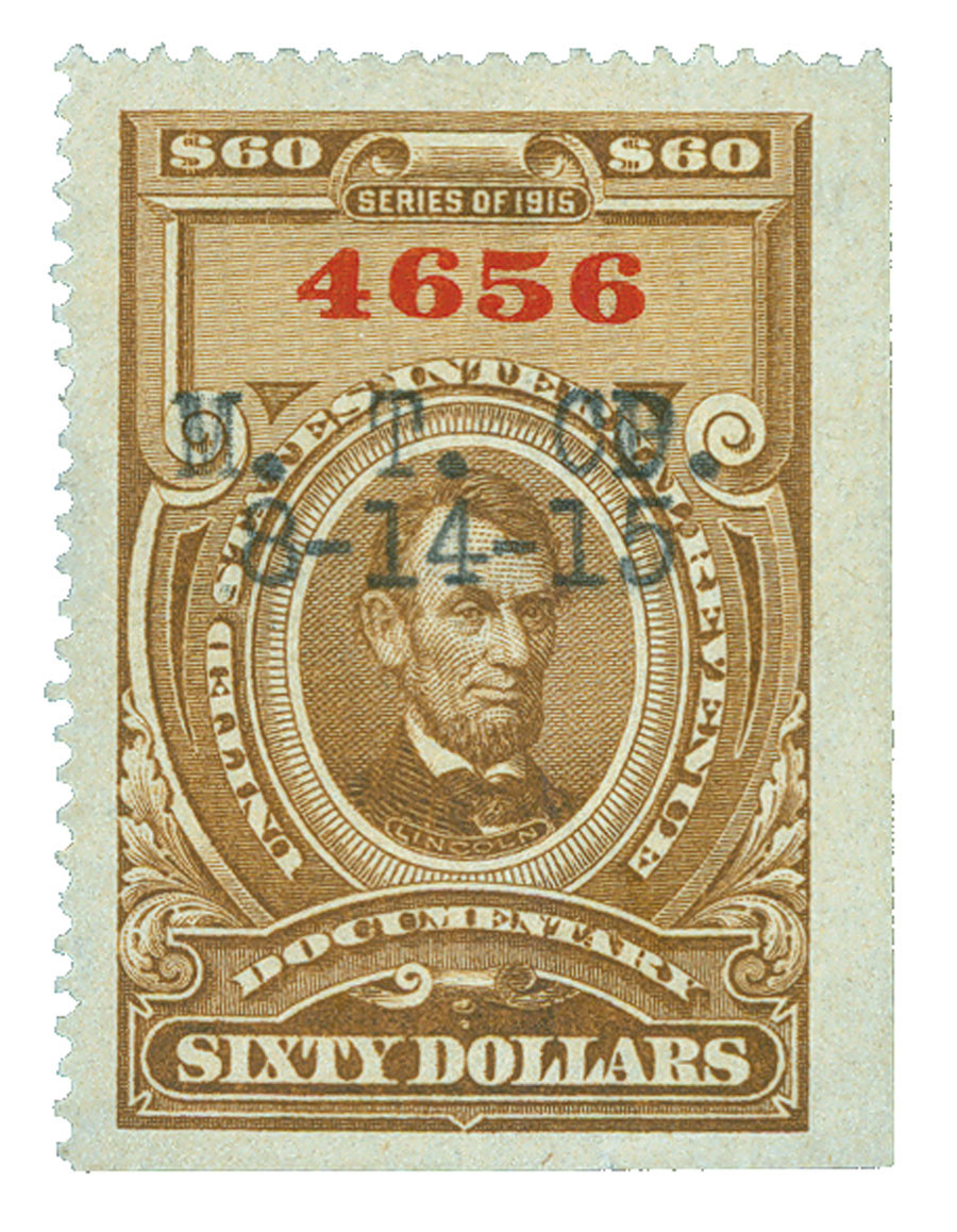 R224 - 1914-15 $60 U.S. Internal Revenue Stamp, Brown, Perf. 12, No Gum, Inscribed "Series 1915"