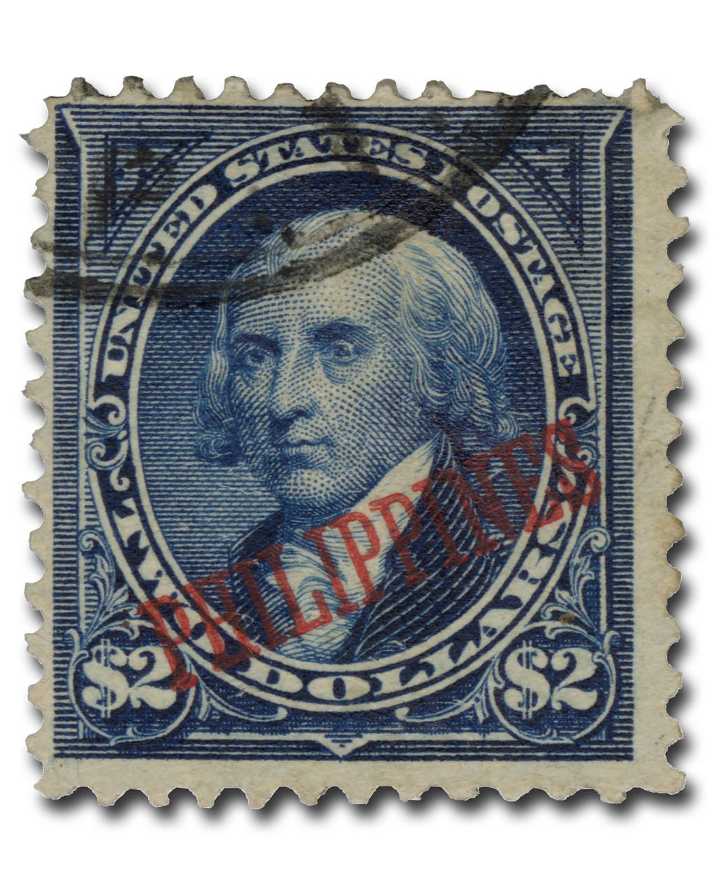 PH224 - 1901 $2 James Madison, Dark Blue,  Double Line Watermark, Philippines Black Overprint