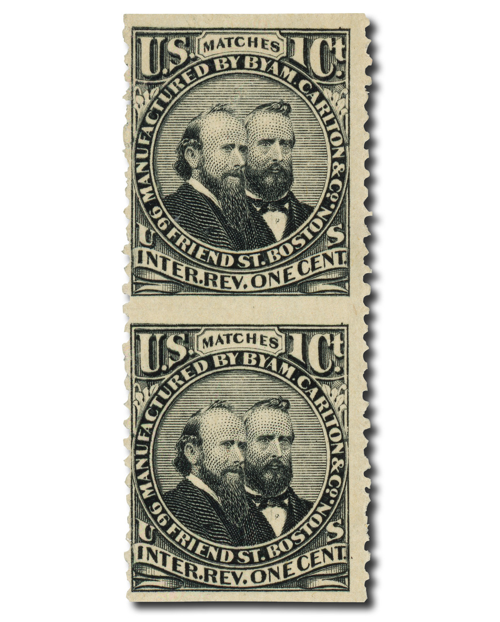 RO49i - 1878-83 1c Byam, Carlton & Co. Matches, Black, Double Line Watermark USIR, Vertical Pair, Imperf. Horizontal