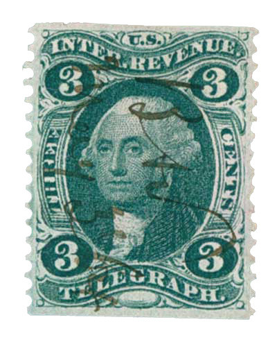 R19b - 1862-71 3c U.S. Internal Revenue Stamp, Telegraph, Green, Part Perf.