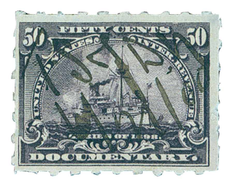 R171p - 1898 50c Battleship, Documentary Revenue Stamp, Slate Violet, Hyphen Hole 7