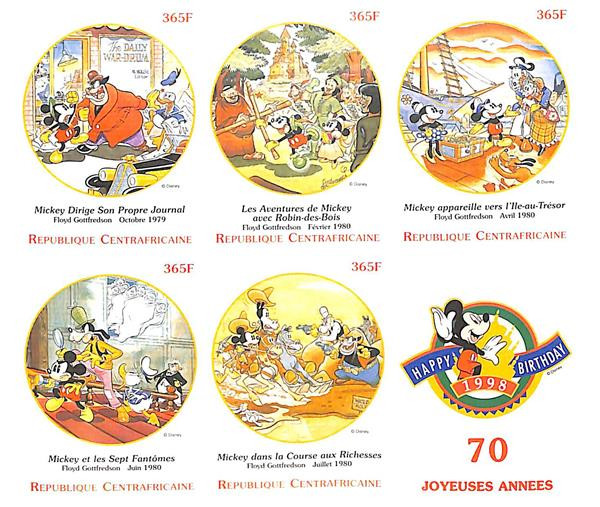 MDS250B - 1998 Disney Celebrate Mickey's 70th Birthday, Mint Sheet of 5 Stamps, Central Africa
