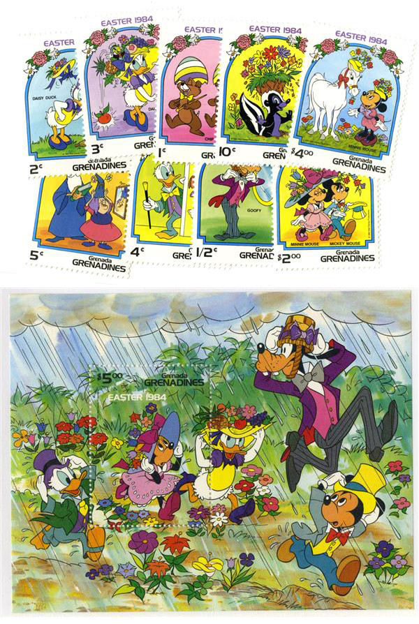 MDS335 - 1984 Disney and Friends Celebrate Easter, Mint, Set of 9 Stamps and Souvenir Sheet, Grenada Grenadines