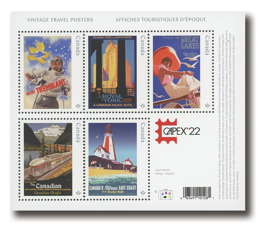 MFN333 - 2022 Vintage Travel Posters, Mint Sheet of 5, Canada